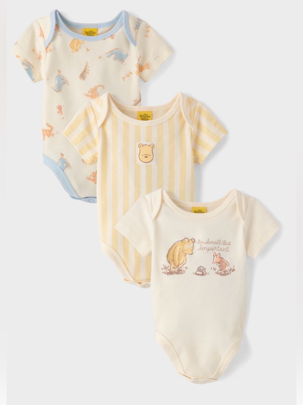 The Children's Place Winnie the Pooh 3-Pack Onesies - Yellow, Cream, Light Blue